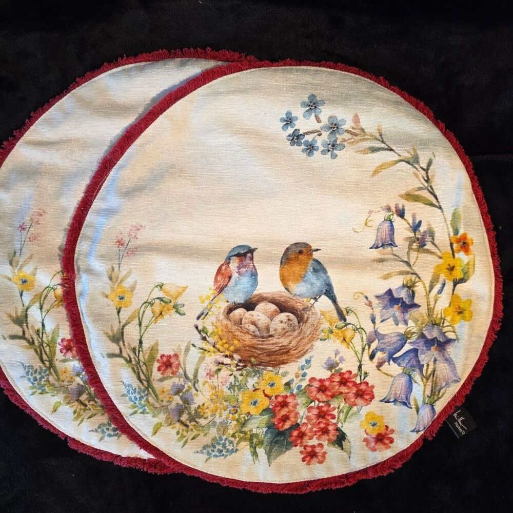 Set Of 2 Nicole Miller Spring Nesting Songbirds Round Placemats